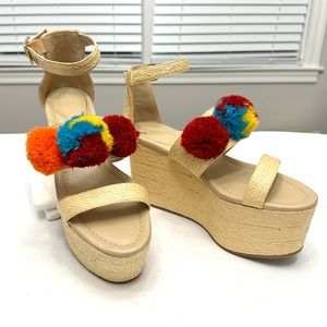 Pom Pom Platform Wedge Sandals